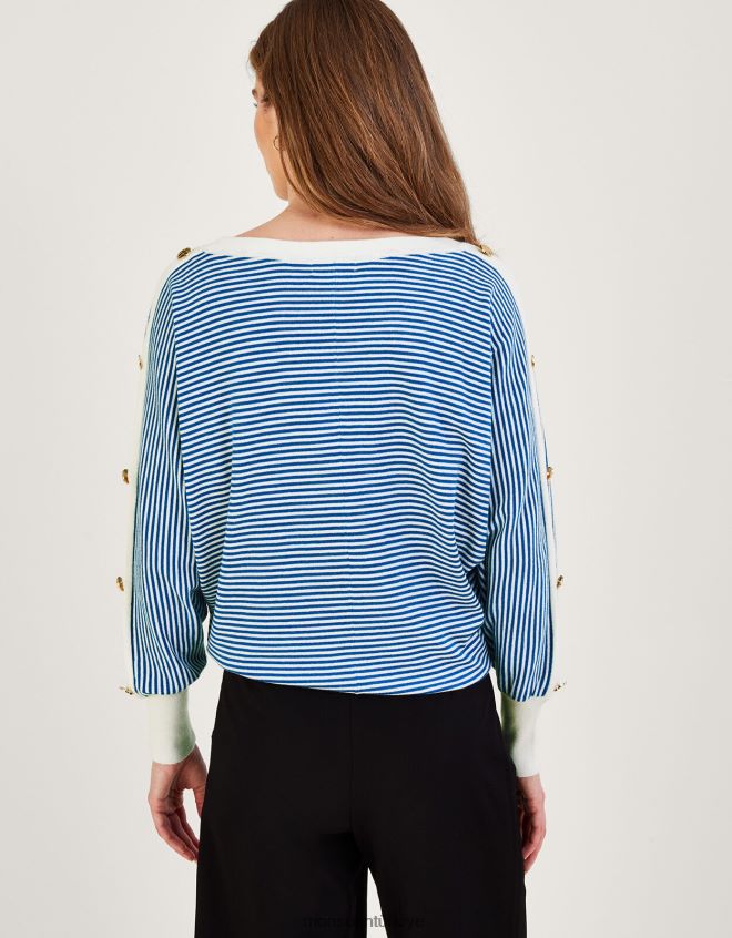 Monsoon kadınlar denizcilik düğme detaylı şerit düğmeli kazak JH86BT868 Giyim mavi