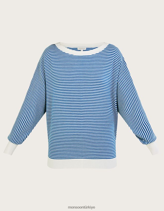 Monsoon kadınlar denizcilik düğme detaylı şerit düğmeli kazak JH86BT868 Giyim mavi