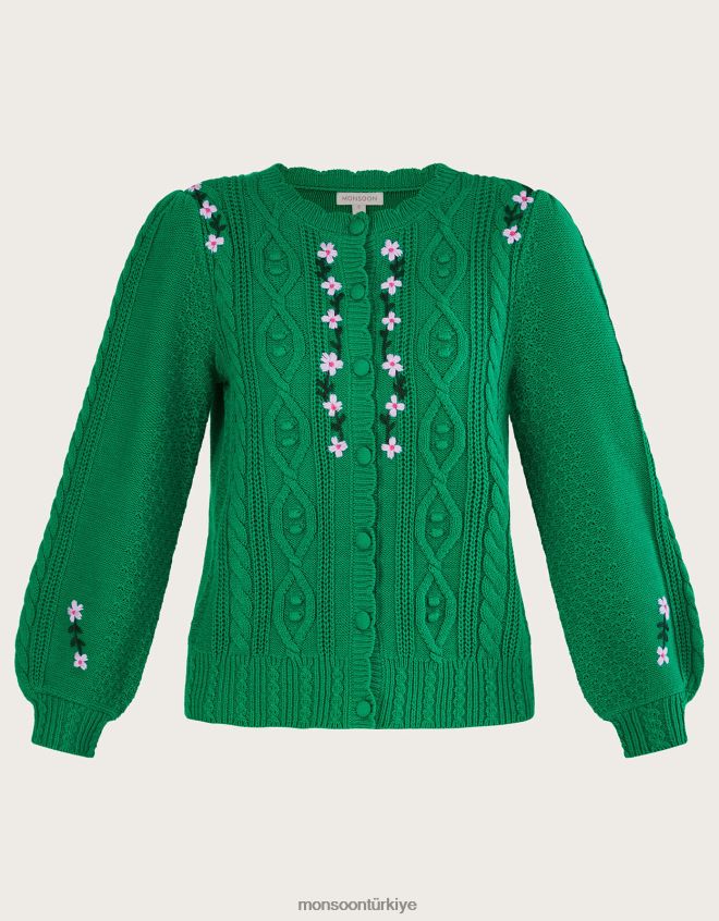 Monsoon kadınlar el işlemeli kablo örgü hırka JH86BT1060 Giyim yeşil
