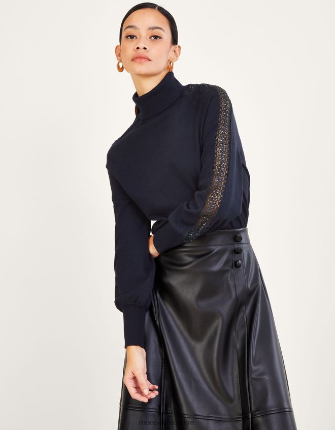 Monsoon kadınlar geri dönüştürülmüş polyesterden dantel detaylı polo kazak JH86BT367 Giyim Mavi Donanma)