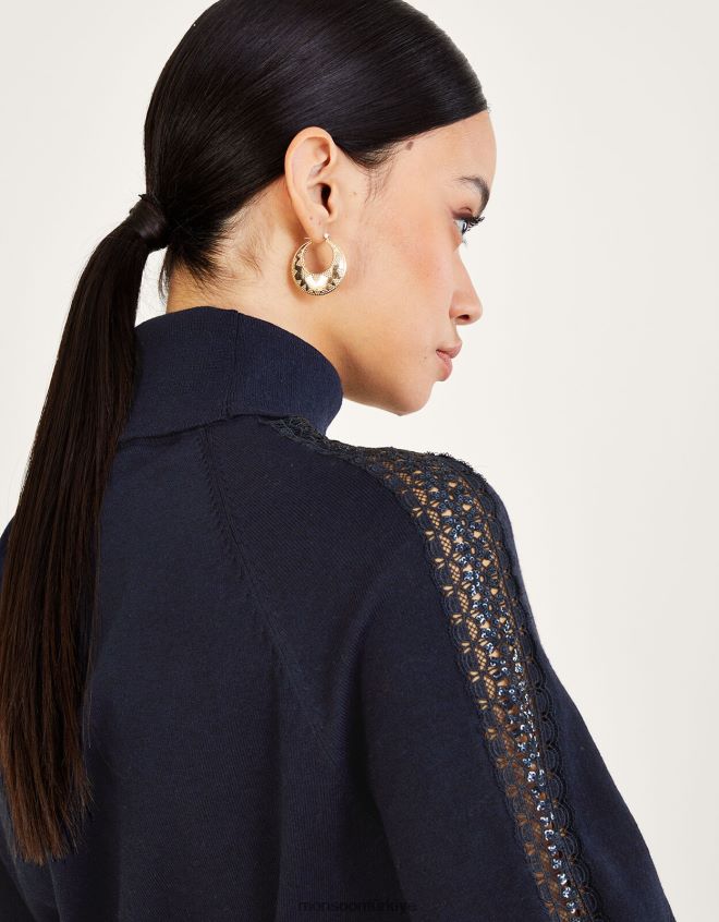 Monsoon kadınlar geri dönüştürülmüş polyesterden dantel detaylı polo kazak JH86BT367 Giyim Mavi Donanma)