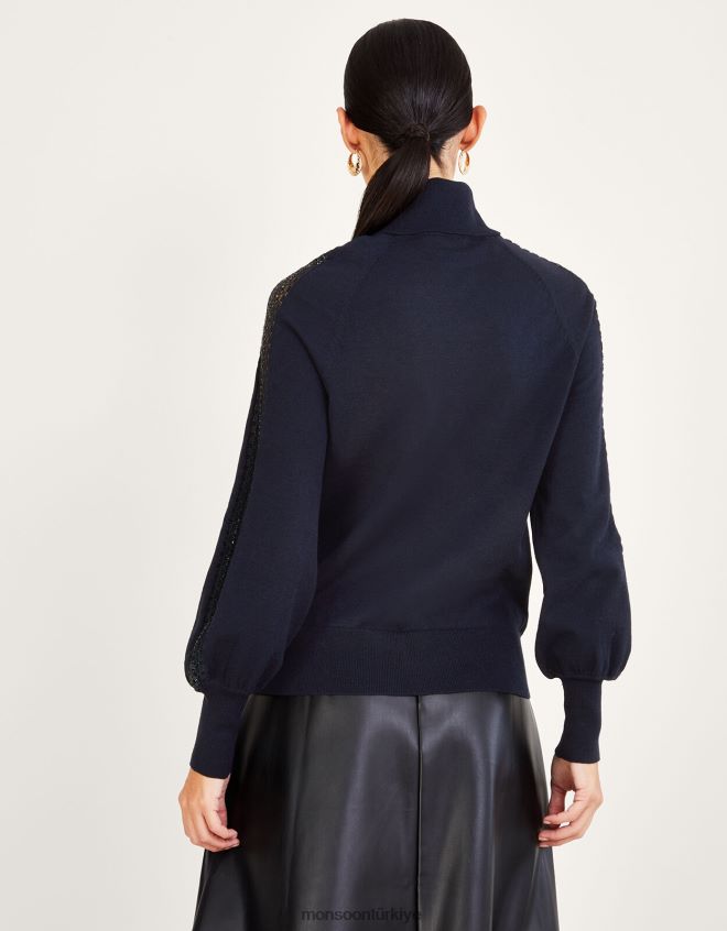 Monsoon kadınlar geri dönüştürülmüş polyesterden dantel detaylı polo kazak JH86BT367 Giyim Mavi Donanma)