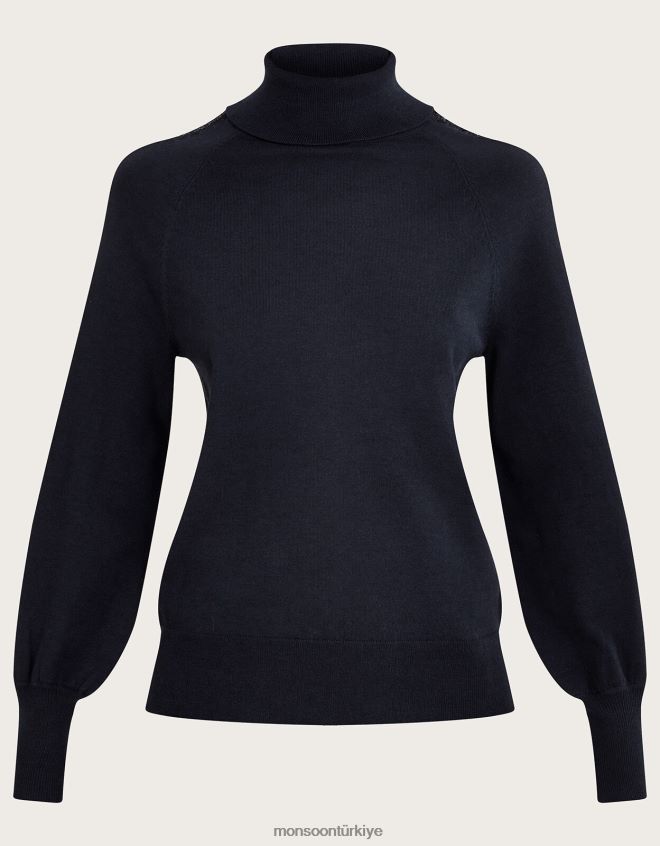 Monsoon kadınlar geri dönüştürülmüş polyesterden dantel detaylı polo kazak JH86BT367 Giyim Mavi Donanma)