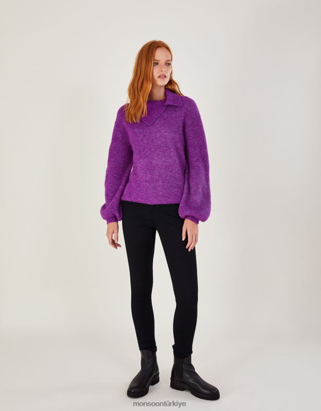 Monsoon kadınlar geri dönüştürülmüş polyesterden süper yumuşak ribanalı ek yaka kazak JH86BT472 Giyim mor