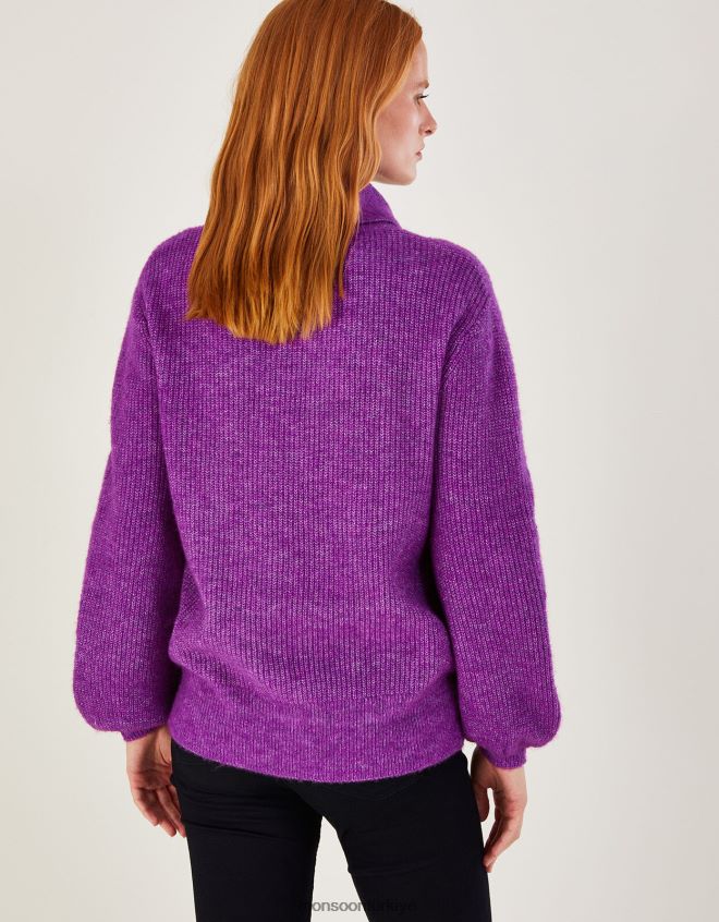 Monsoon kadınlar geri dönüştürülmüş polyesterden süper yumuşak ribanalı ek yaka kazak JH86BT472 Giyim mor