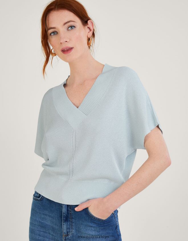 Monsoon kadınlar gevşek v yaka metalik kısa kollu kazak JH86BT888 Giyim mavi