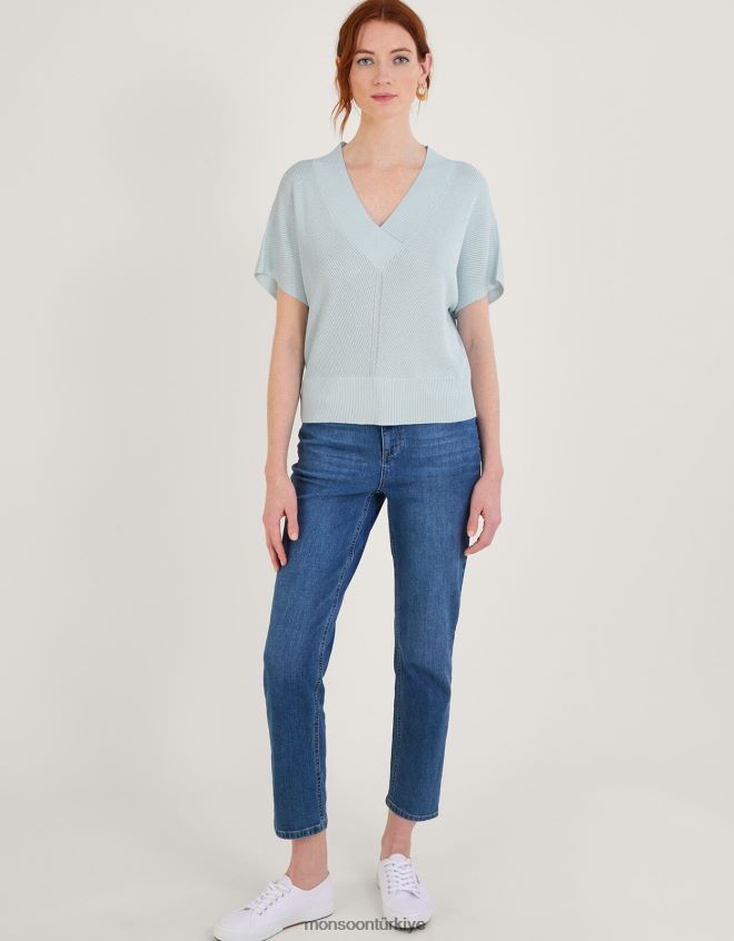 Monsoon kadınlar gevşek v yaka metalik kısa kollu kazak JH86BT888 Giyim mavi