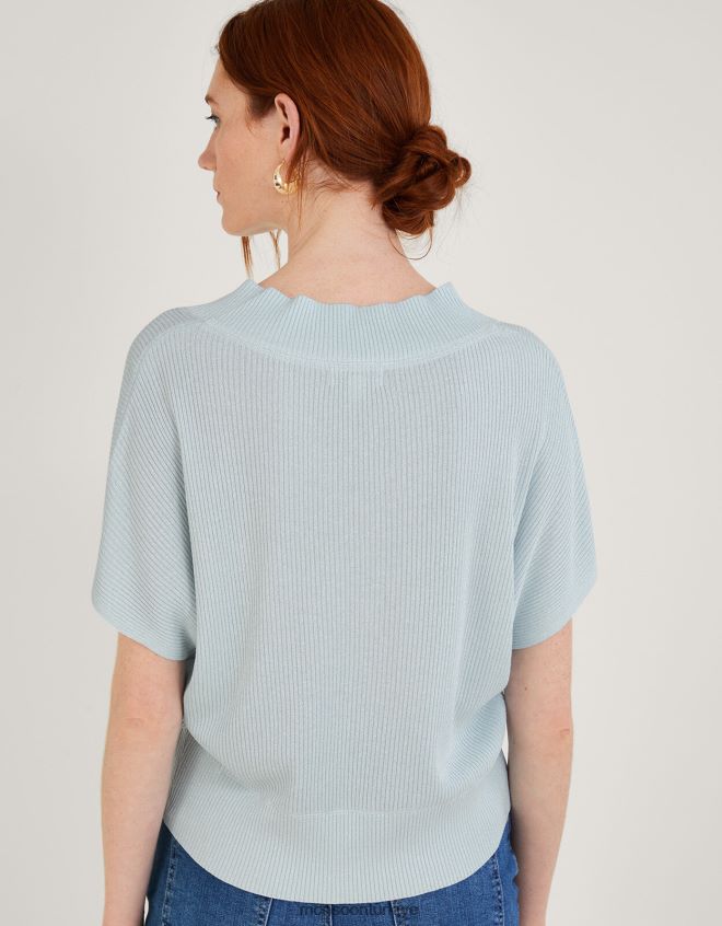 Monsoon kadınlar gevşek v yaka metalik kısa kollu kazak JH86BT888 Giyim mavi