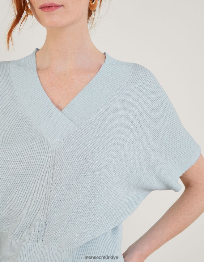 Monsoon kadınlar gevşek v yaka metalik kısa kollu kazak JH86BT888 Giyim mavi