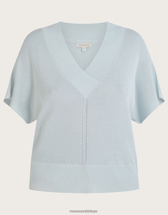 Monsoon kadınlar gevşek v yaka metalik kısa kollu kazak JH86BT888 Giyim mavi