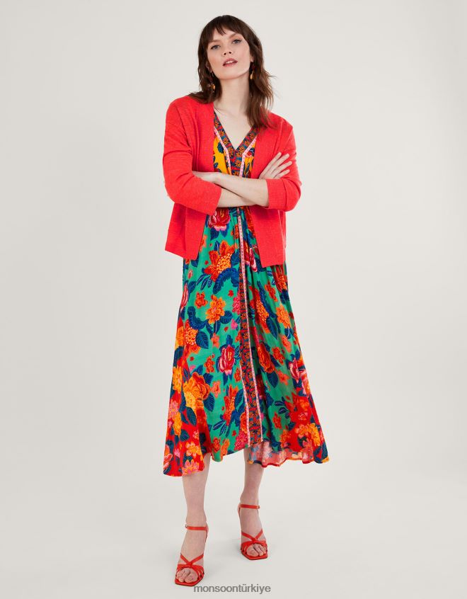 Monsoon kadınlar keten karışımlı cep hırkası JH86BT252 Giyim turuncu (mercan)