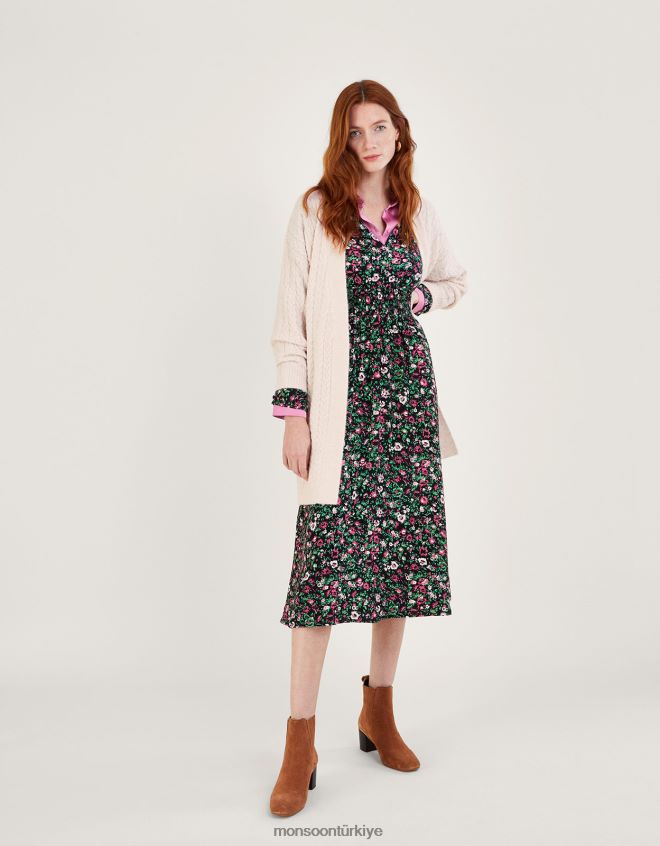 Monsoon kadınlar kuşaklı uzun ip örgü hırka JH86BT925 Giyim fildişi