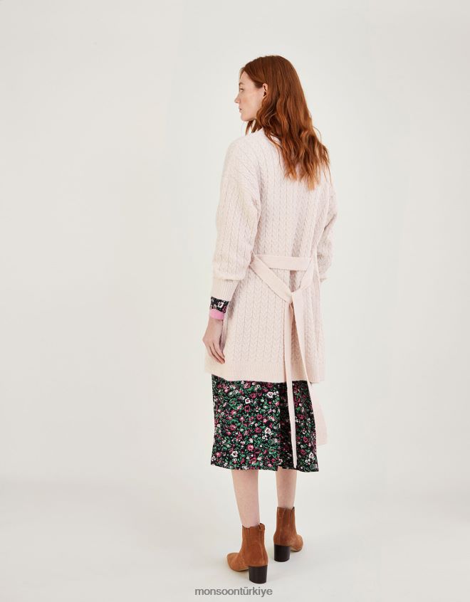 Monsoon kadınlar kuşaklı uzun ip örgü hırka JH86BT925 Giyim fildişi