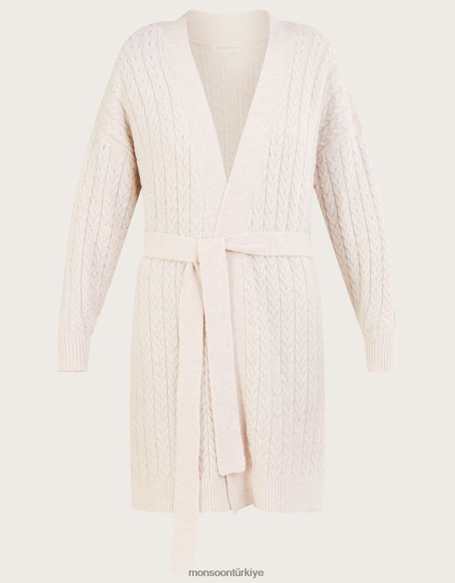 Monsoon kadınlar kuşaklı uzun ip örgü hırka JH86BT925 Giyim fildişi