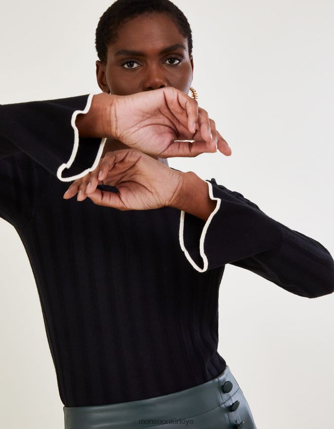 Monsoon kadınlar lenzing ecoverolu akıllı fitilli fırfırlı kazak JH86BT411 Giyim siyah