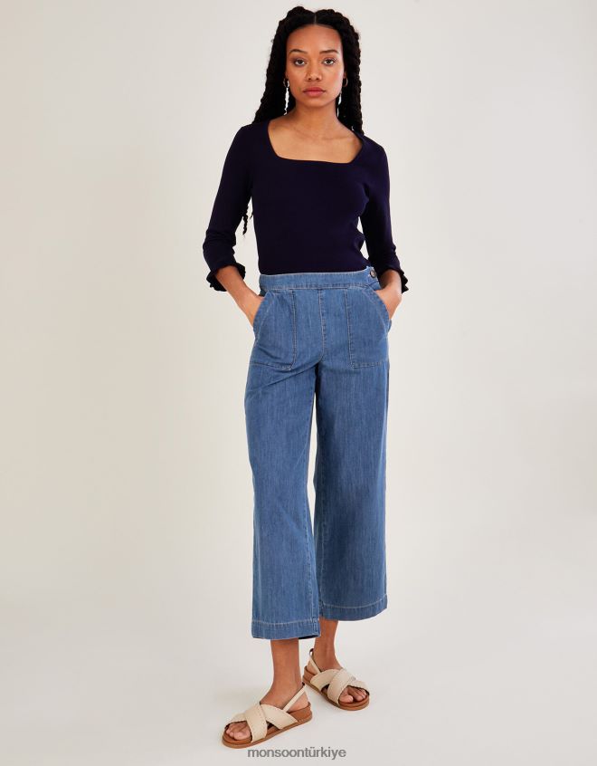 Monsoon kadınlar lenzing ecoverolu kare yaka 3/4 kollu kazak JH86BT547 Giyim Mavi Donanma)