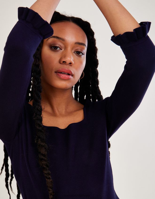 Monsoon kadınlar lenzing ecoverolu kare yaka 3/4 kollu kazak JH86BT547 Giyim Mavi Donanma)