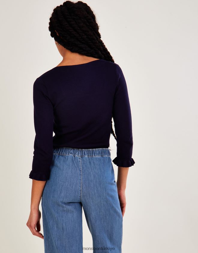 Monsoon kadınlar lenzing ecoverolu kare yaka 3/4 kollu kazak JH86BT547 Giyim Mavi Donanma)