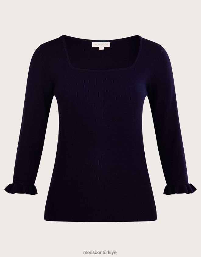 Monsoon kadınlar lenzing ecoverolu kare yaka 3/4 kollu kazak JH86BT547 Giyim Mavi Donanma)