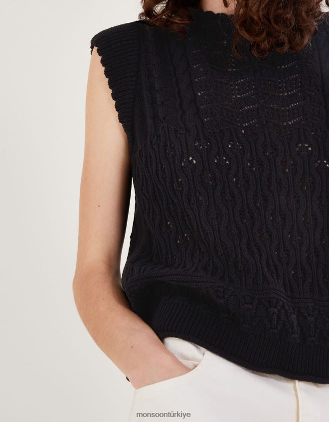 Monsoon kadınlar çok dikişli pointelle örgü yelek JH86BT685 Giyim siyah