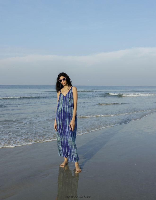 Monsoon kadınlar Lenzing Ecovero\'da batik geniş paça tulum JH86BT576 Giyim mavi