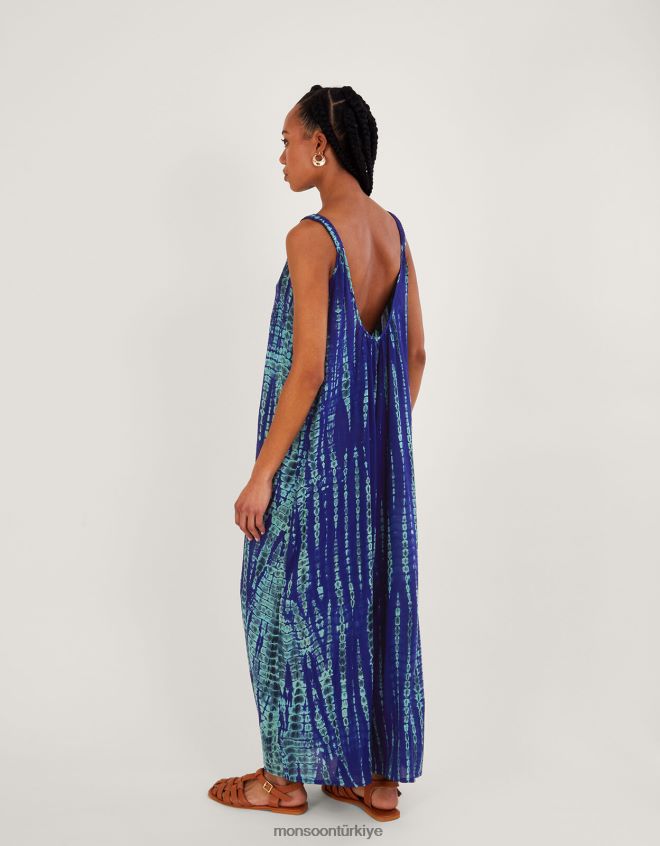 Monsoon kadınlar Lenzing Ecovero\'da batik geniş paça tulum JH86BT576 Giyim mavi