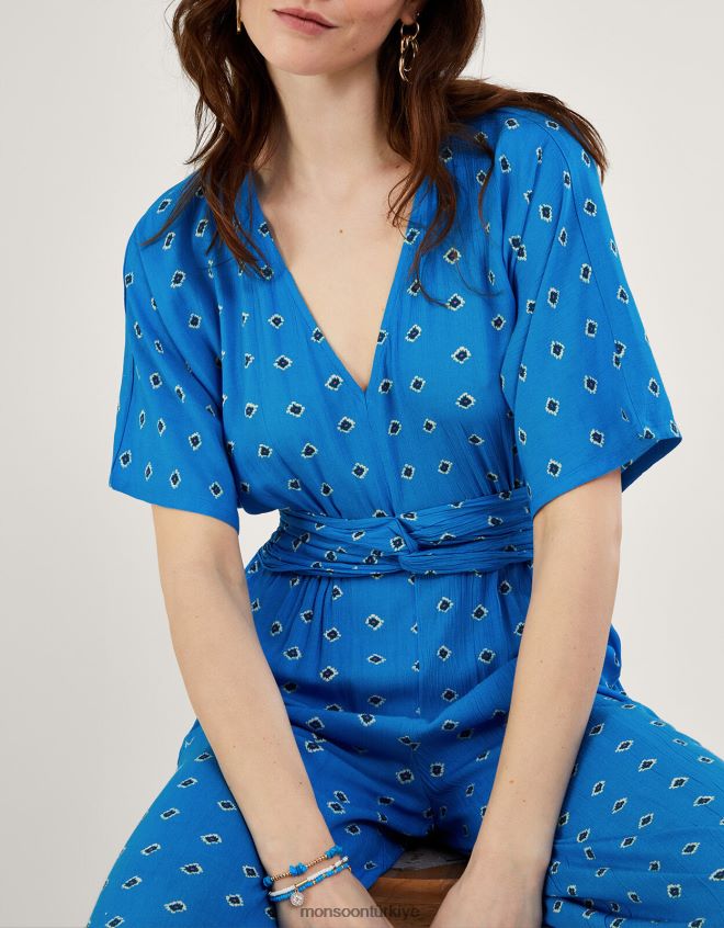 Monsoon kadınlar Lenzing Ecovero\'da elmas desenli tulum JH86BT268 Giyim mavi