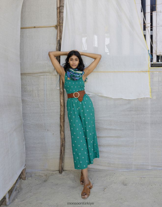 Monsoon kadınlar Lenzing Ecovero'da geometrik desenli kesik tulum JH86BT811 Giyim yeşil