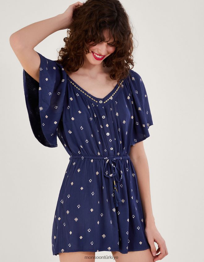 Monsoon kadınlar Lenzing Ecovero'da motif baskılı tulum JH86BT186 Giyim Mavi Donanma)