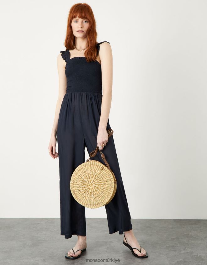 Monsoon kadınlar Lenzing Ecovero'da yakut rengi fırfır askılı tulum JH86BT639 Giyim Mavi Donanma)