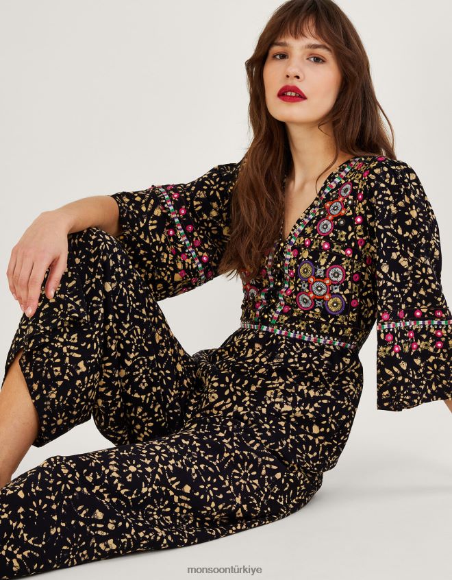 Monsoon kadınlar Lenzing ecovero\'da batik işlemeli tulum JH86BT870 Giyim siyah