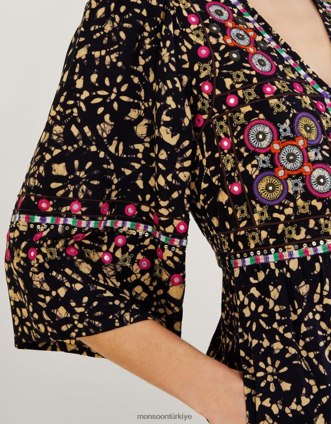 Monsoon kadınlar Lenzing ecovero\'da batik işlemeli tulum JH86BT870 Giyim siyah