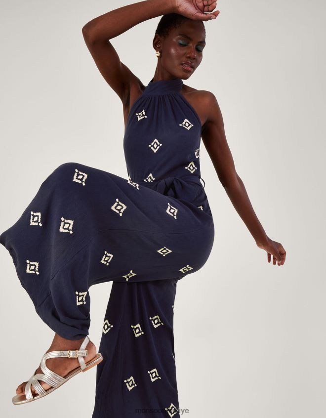 Monsoon kadınlar işlemeli motifli boyundan bağlamalı tulum JH86BT259 Giyim mavi