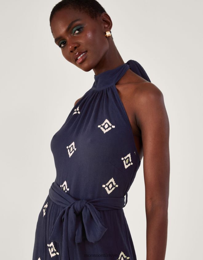 Monsoon kadınlar işlemeli motifli boyundan bağlamalı tulum JH86BT259 Giyim mavi