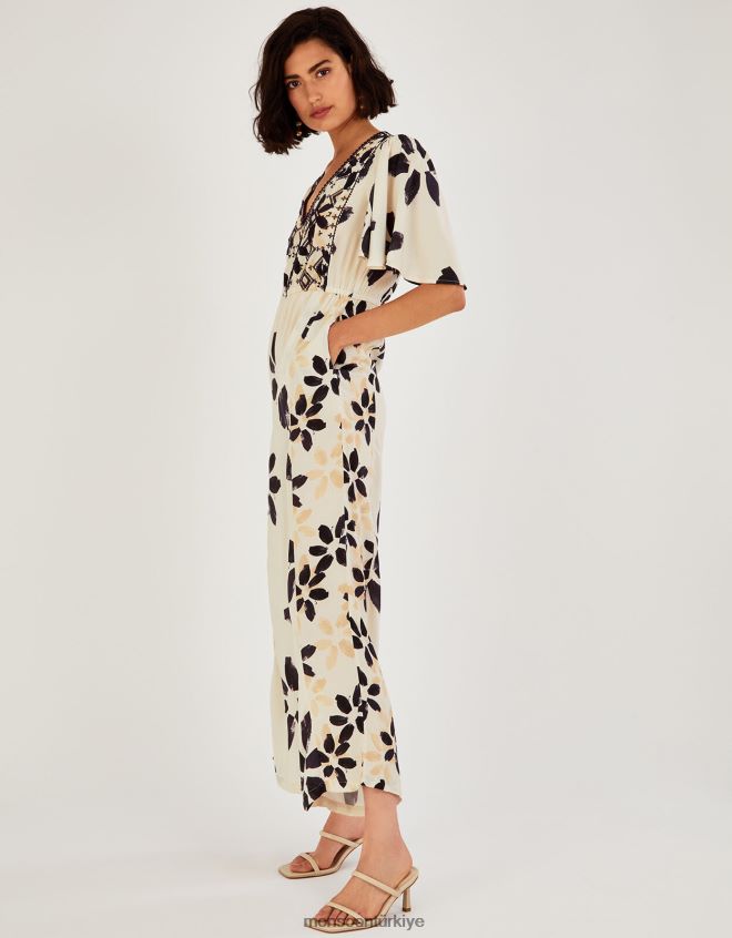 Monsoon kadınlar soyut çiçek desenli işlemeli tulum JH86BT726 Giyim fildişi