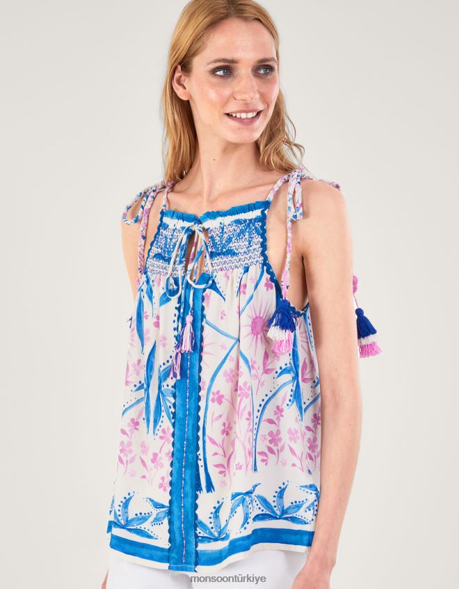 Monsoon kadınlar Lenzing Ecovero'da palmiye desenli boncuklu cami üst JH86BT107 Giyim mavi