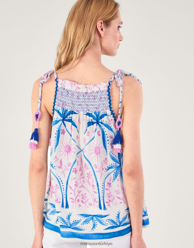 Monsoon kadınlar Lenzing Ecovero\'da palmiye desenli boncuklu cami üst JH86BT107 Giyim mavi