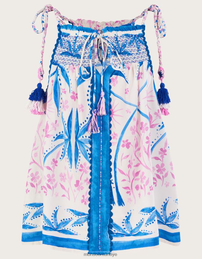 Monsoon kadınlar Lenzing Ecovero\'da palmiye desenli boncuklu cami üst JH86BT107 Giyim mavi