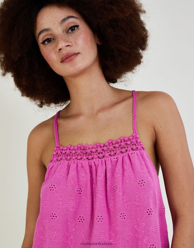 Monsoon kadınlar Sürdürülebilir pamuktan broderie detaylı cami üst JH86BT742 Giyim pembe