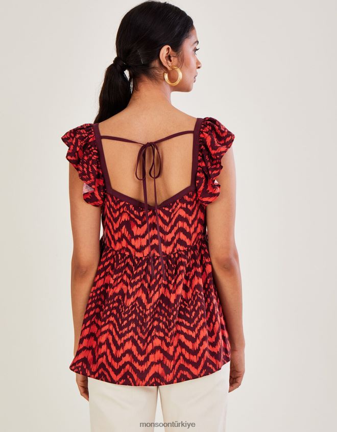 Monsoon kadınlar dantelli korsajlı zig-zag hayvan desenli üst JH86BT630 Giyim kırmızı