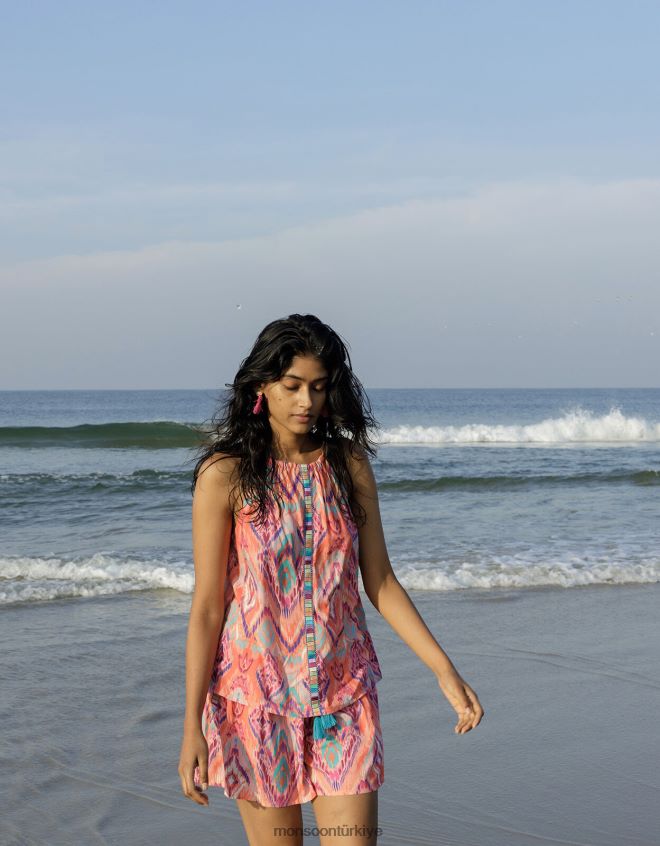 Monsoon kadınlar ikat baskılı bantlı yular cami üst lenzing ecovero JH86BT732 Giyim turuncu (mercan)