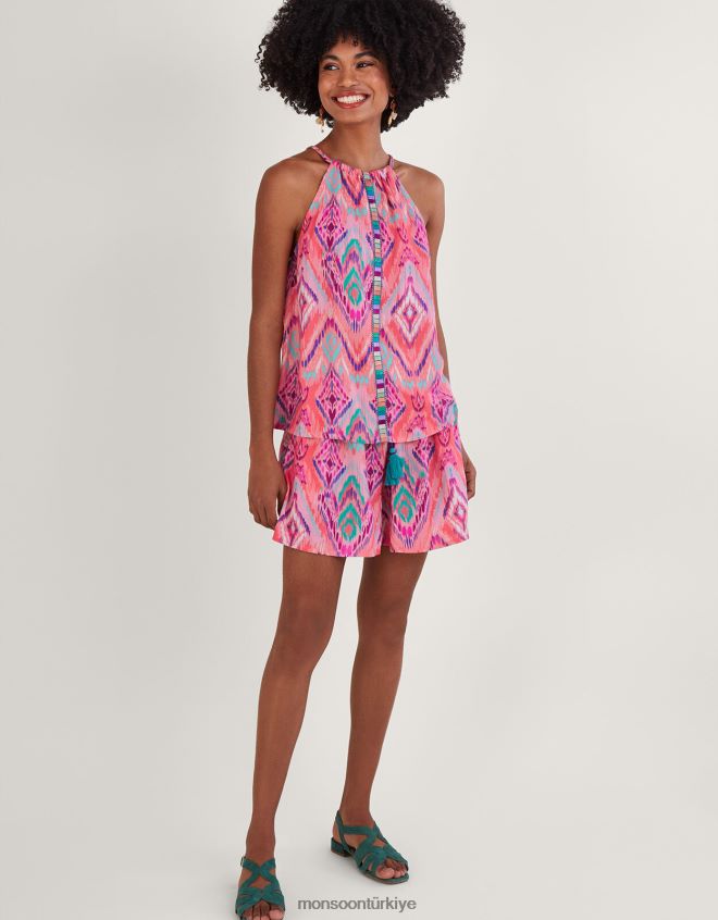 Monsoon kadınlar ikat baskılı bantlı yular cami üst lenzing ecovero JH86BT732 Giyim turuncu (mercan)