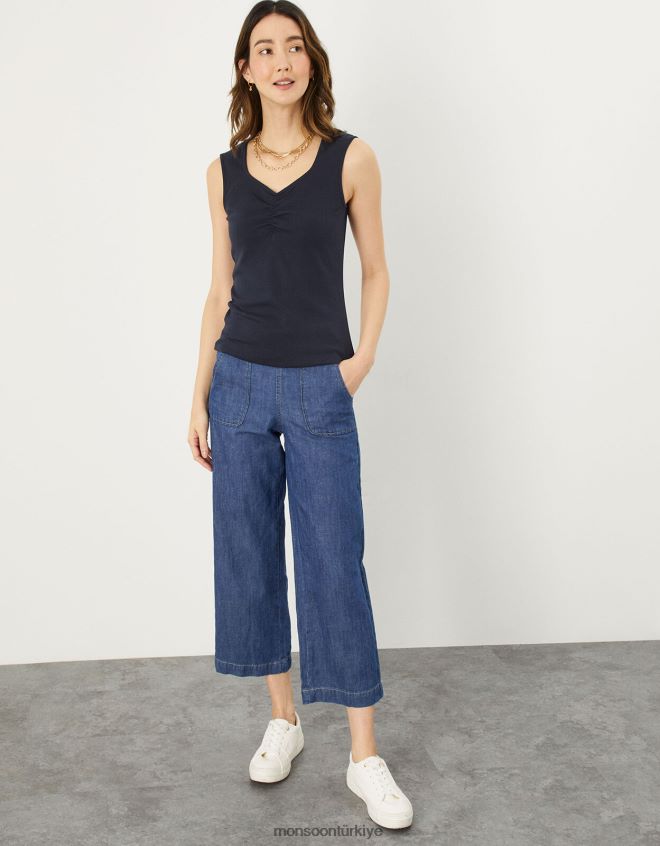 Monsoon kadınlar kap kollu dantelli jarse üst JH86BT930 Giyim Mavi Donanma)