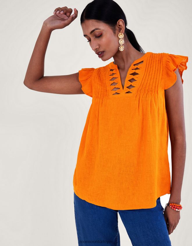 Monsoon kadınlar keten karışımından volan kollu boyun detaylı üst JH86BT335 Giyim turuncu