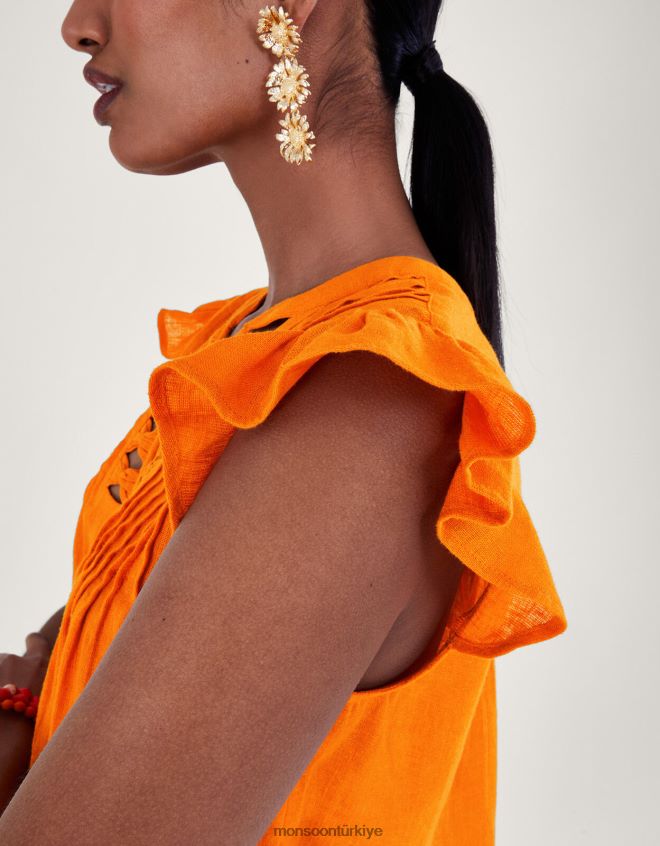 Monsoon kadınlar keten karışımından volan kollu boyun detaylı üst JH86BT335 Giyim turuncu