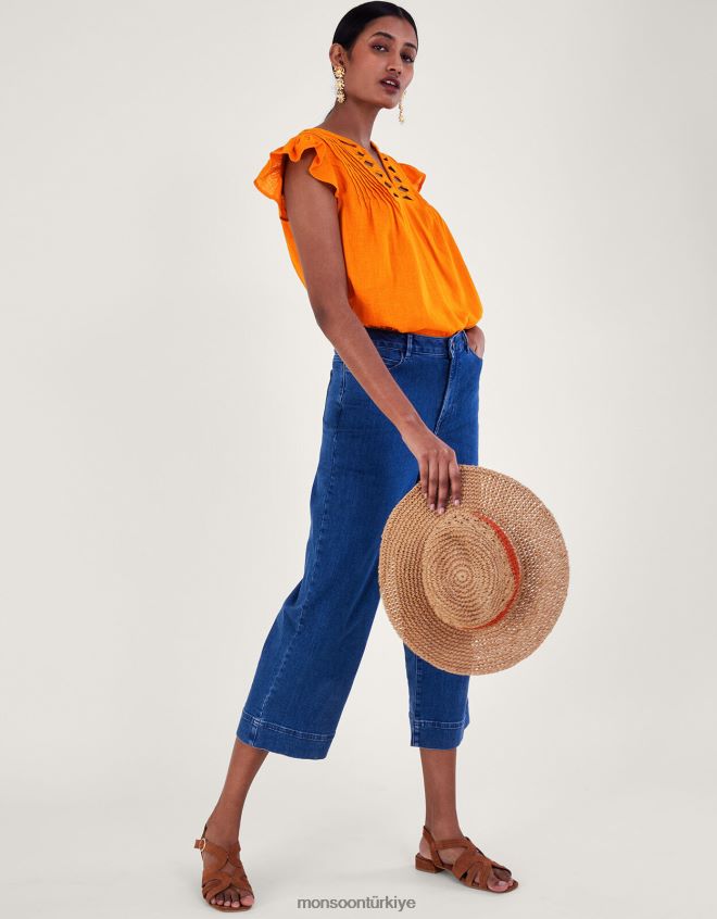Monsoon kadınlar keten karışımından volan kollu boyun detaylı üst JH86BT335 Giyim turuncu