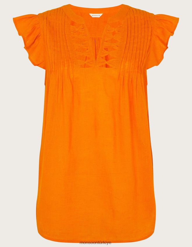Monsoon kadınlar keten karışımından volan kollu boyun detaylı üst JH86BT335 Giyim turuncu
