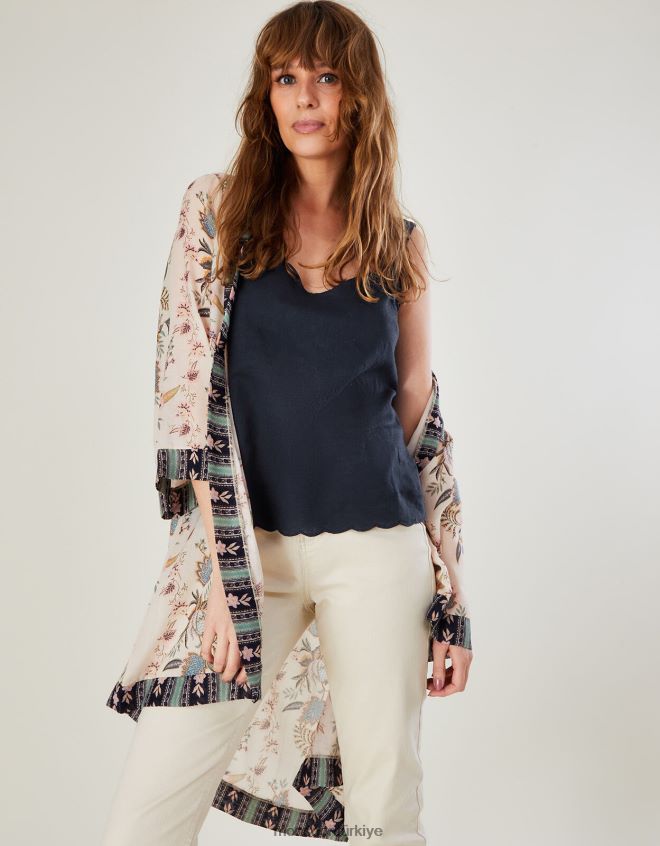 Monsoon kadınlar keten karışımlı fistolu sade cami üst JH86BT1006 Giyim Mavi Donanma)