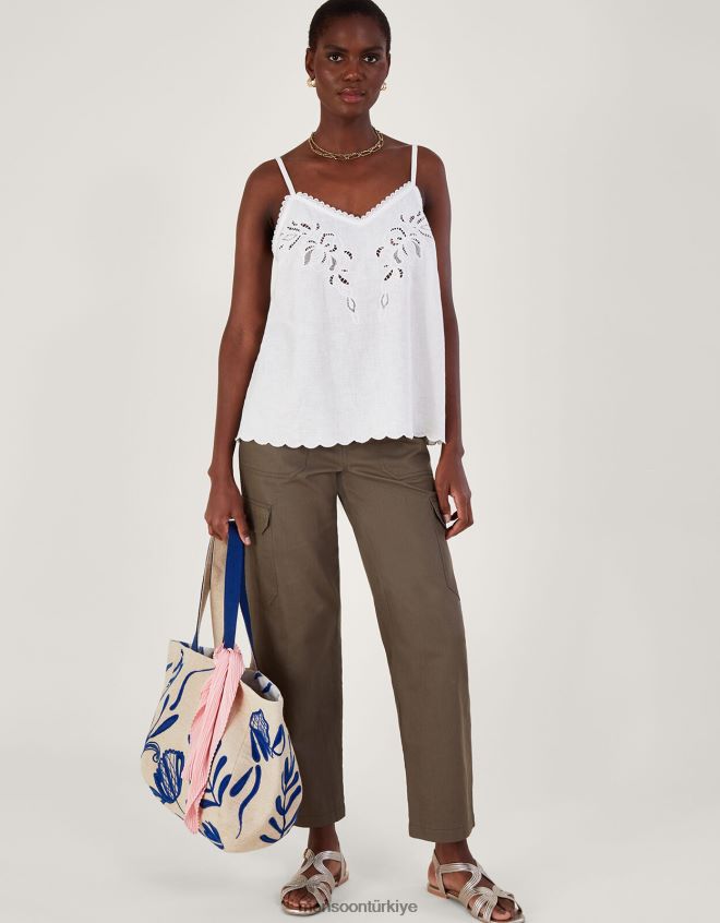 Monsoon kadınlar keten karışımlı kesim işlemeli cami üst JH86BT963 Giyim fildişi