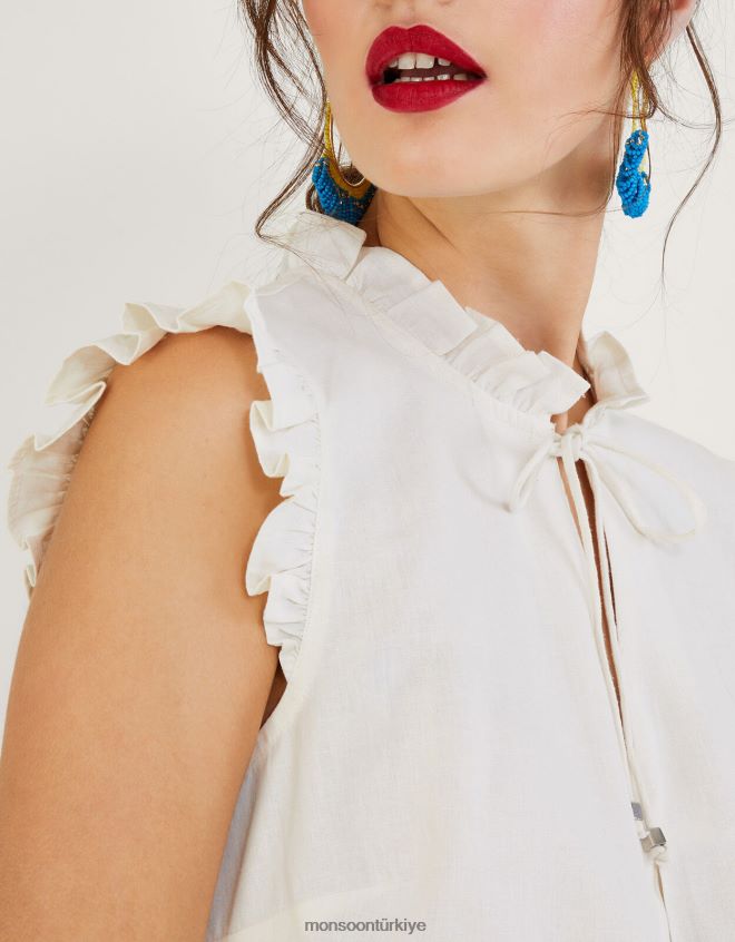 Monsoon kadınlar keten karışımlı lydie fırfırlı atlet JH86BT544 Giyim fildişi